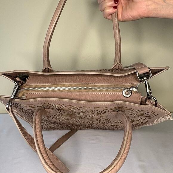Roberto Pancani Laser Cut Leather Tote Satchell Crossbody | Tan Peach Italy - Picture 6 of 14